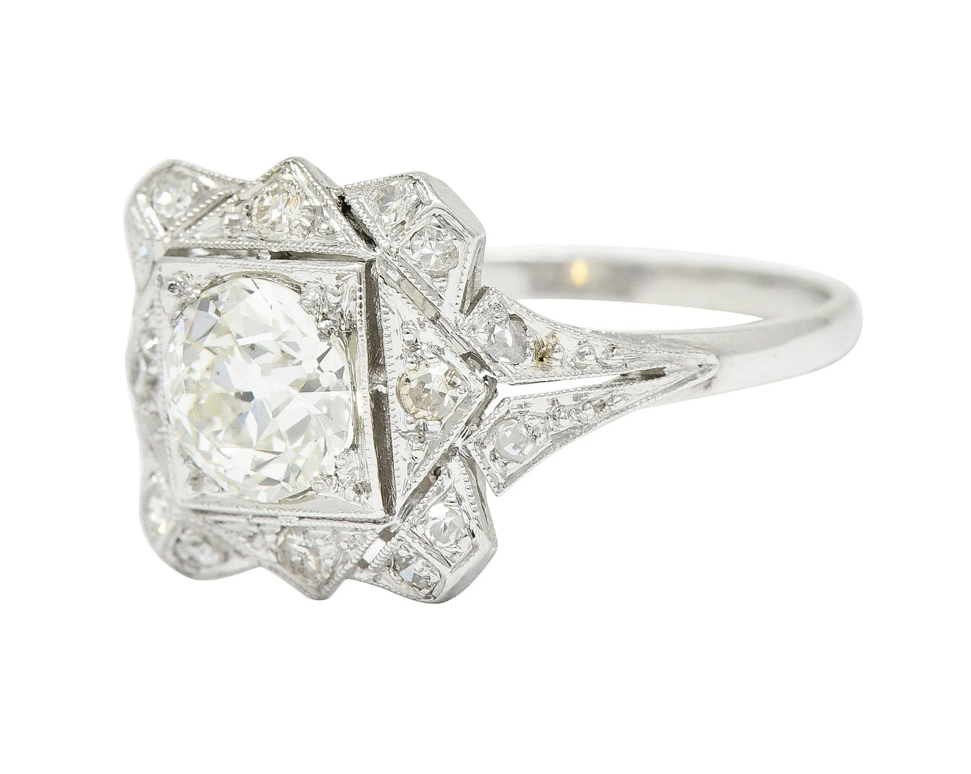 1930's Art Deco 1.40 CTW Diamond Platinum Geometric Dinner Ring GIA