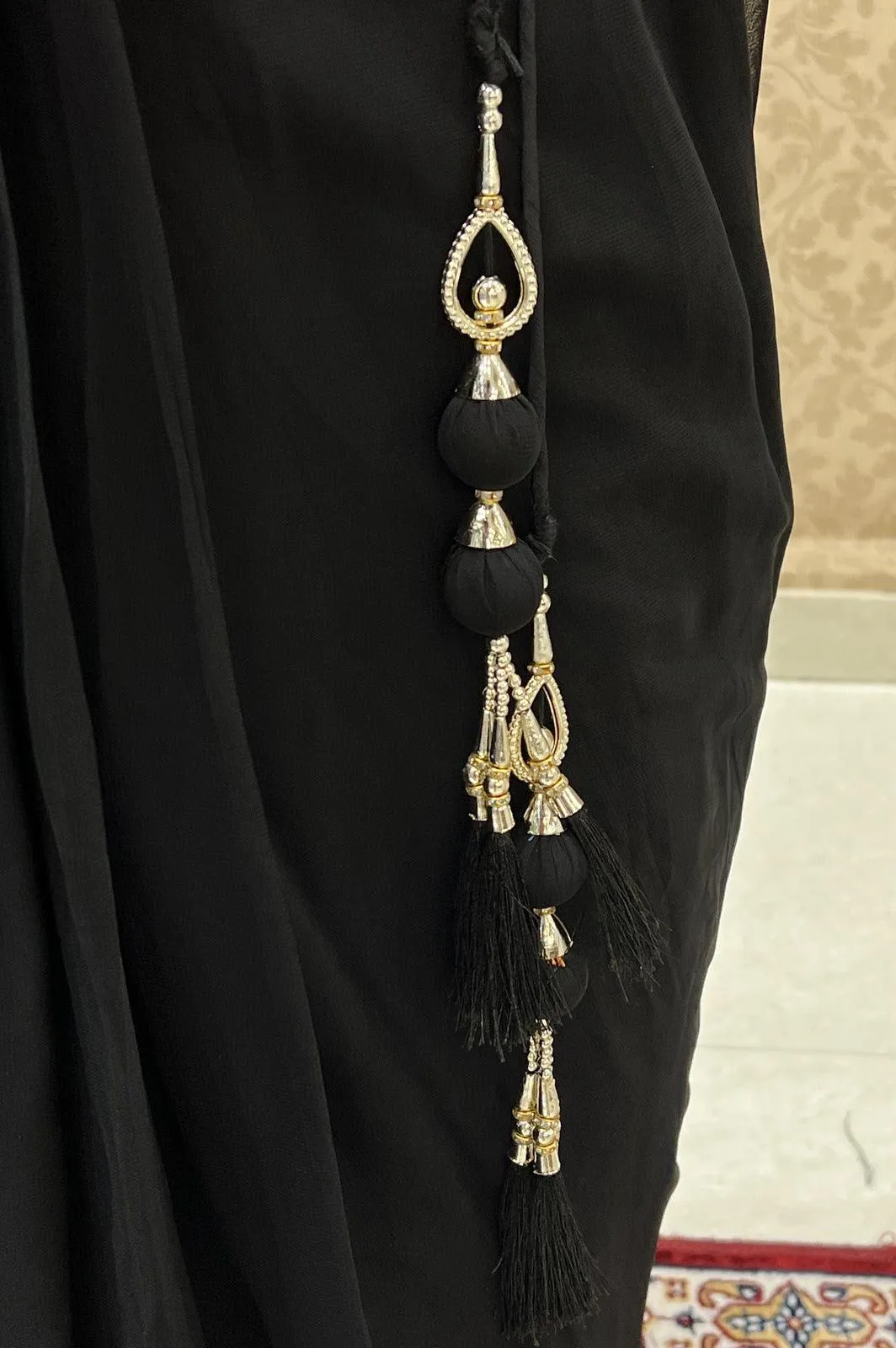 Black Beads, Pearl and Sequins work Crop Top Lehenga with Attached Dupatta