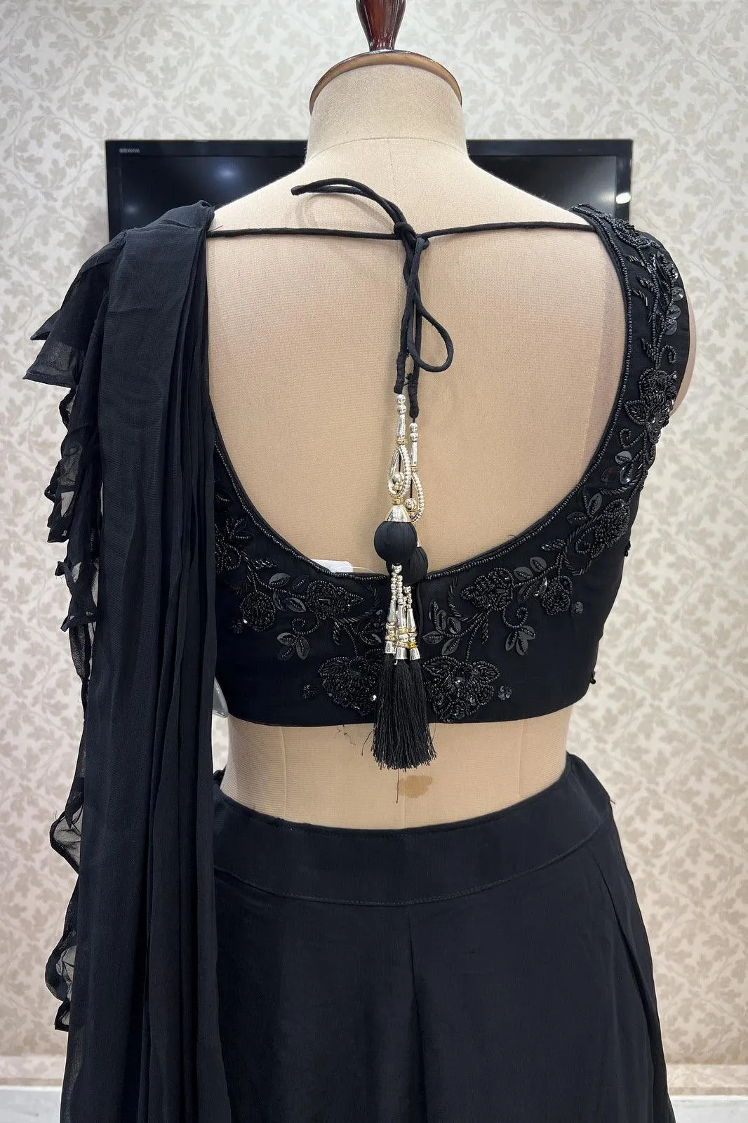 Black Beads, Pearl and Sequins work Crop Top Lehenga with Attached Dupatta