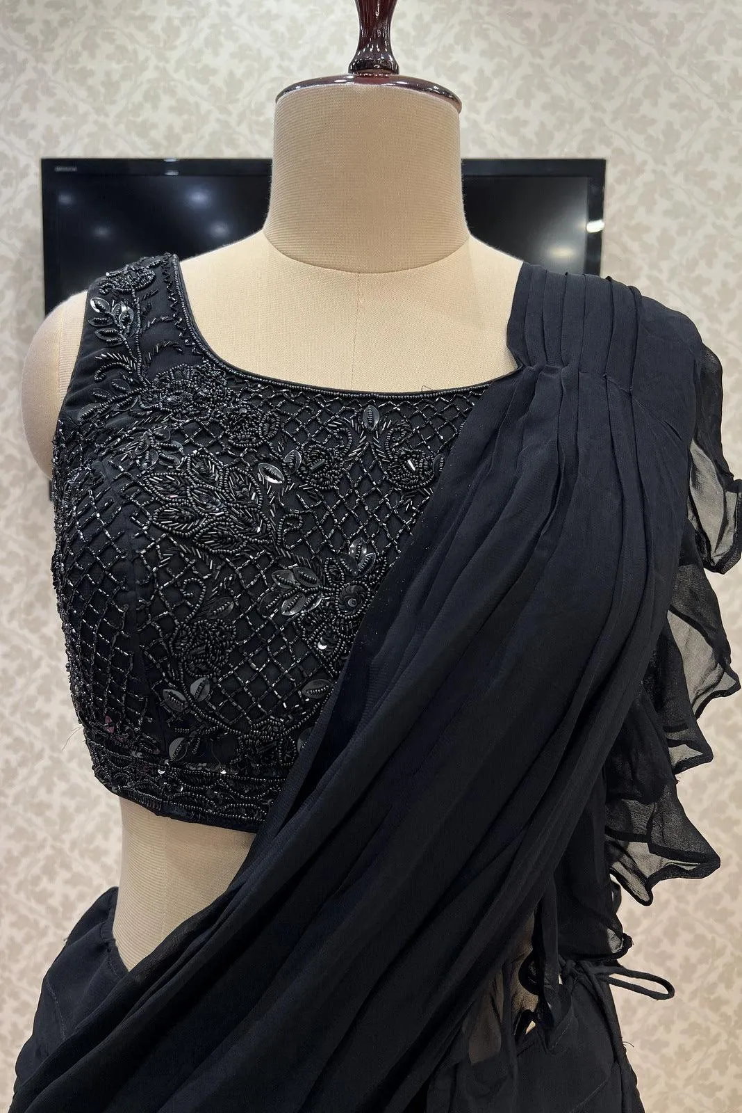 Black Beads, Pearl and Sequins work Crop Top Lehenga with Attached Dupatta
