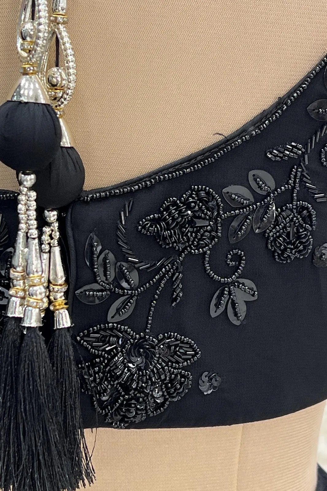 Black Beads, Pearl and Sequins work Crop Top Lehenga with Attached Dupatta