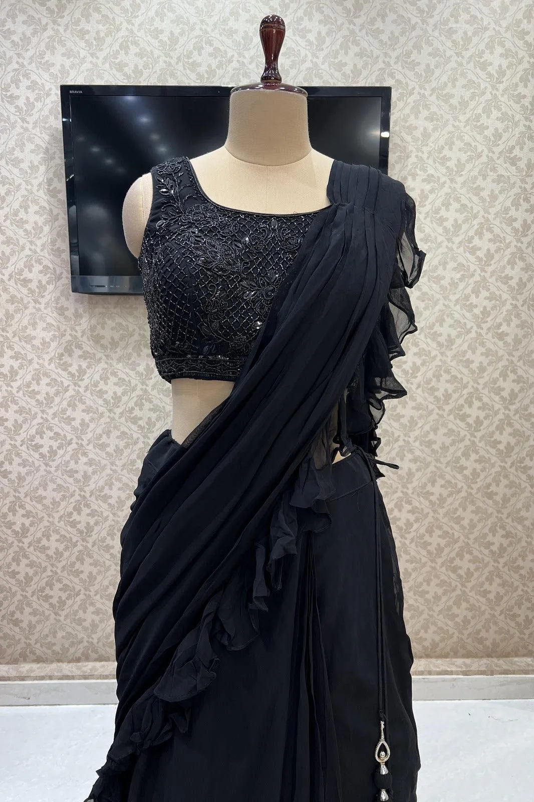 Black Beads, Pearl and Sequins work Crop Top Lehenga with Attached Dupatta
