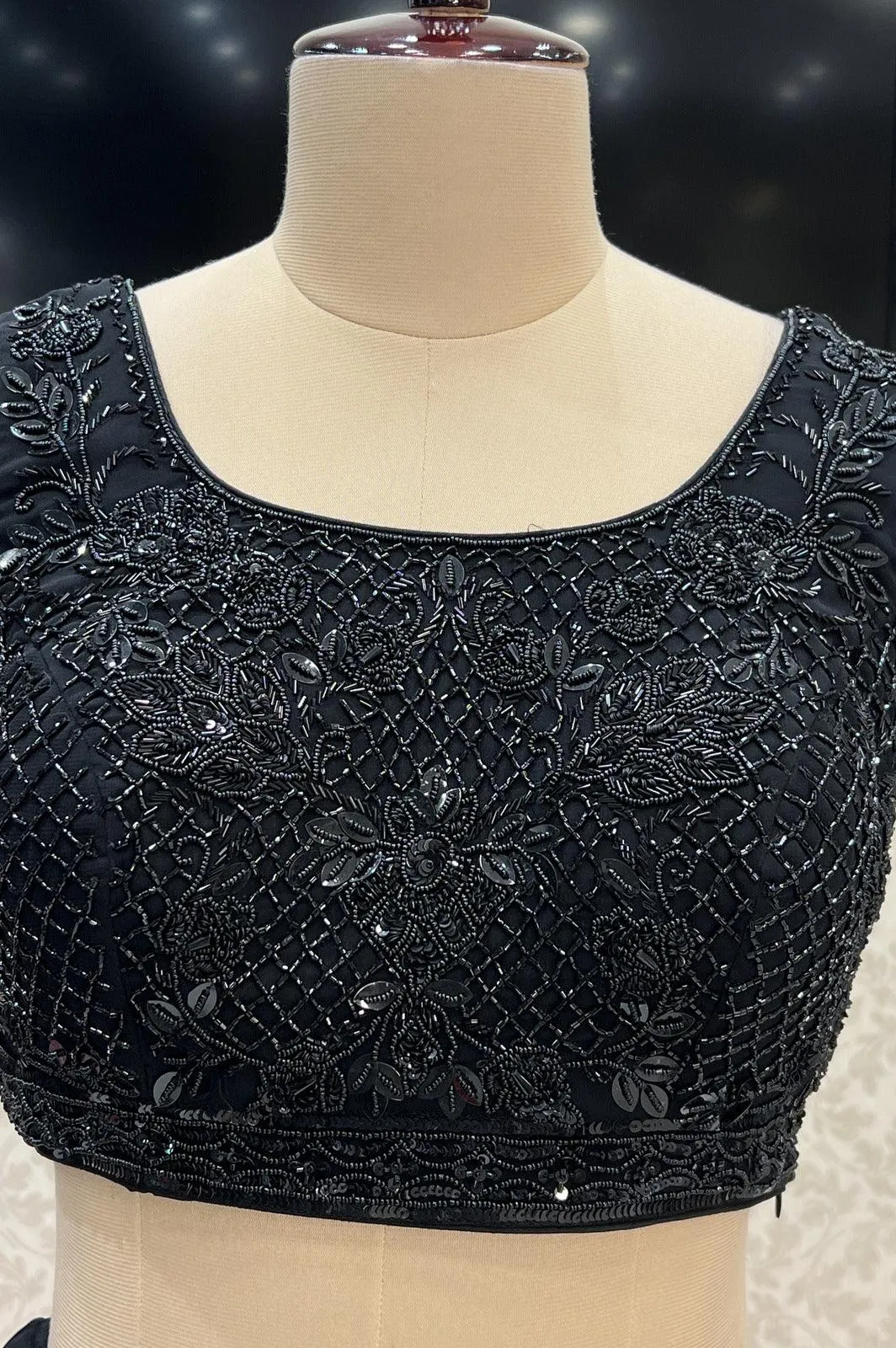 Black Beads, Pearl and Sequins work Crop Top Lehenga with Attached Dupatta