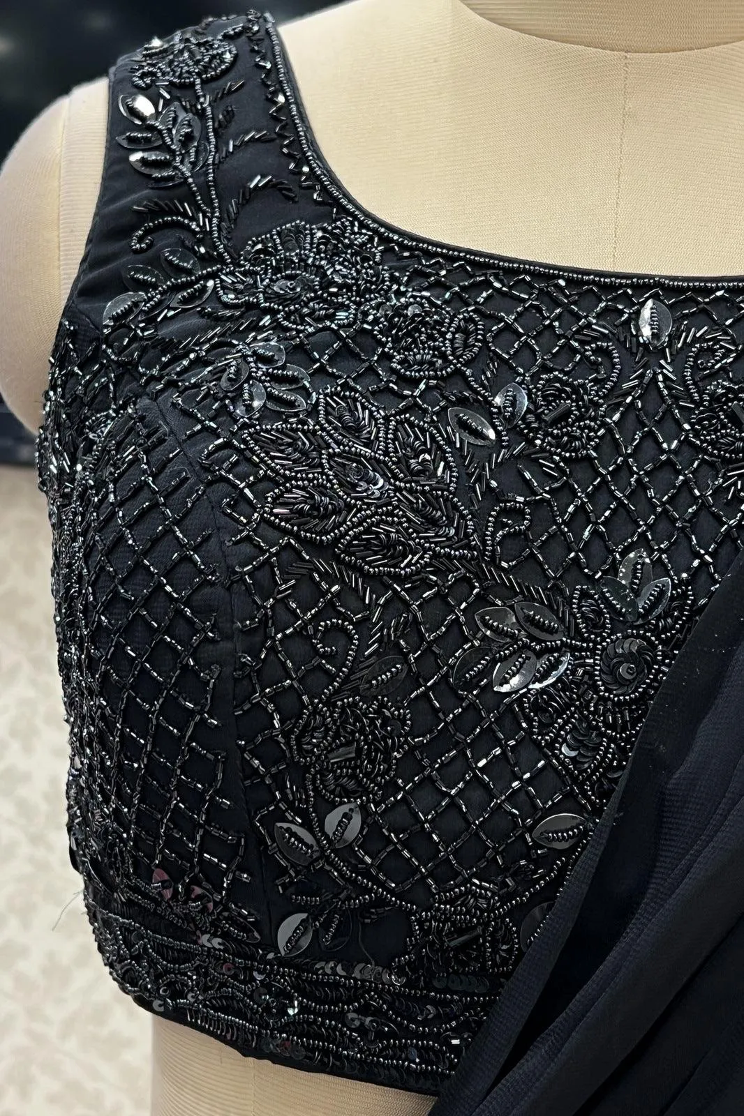 Black Beads, Pearl and Sequins work Crop Top Lehenga with Attached Dupatta