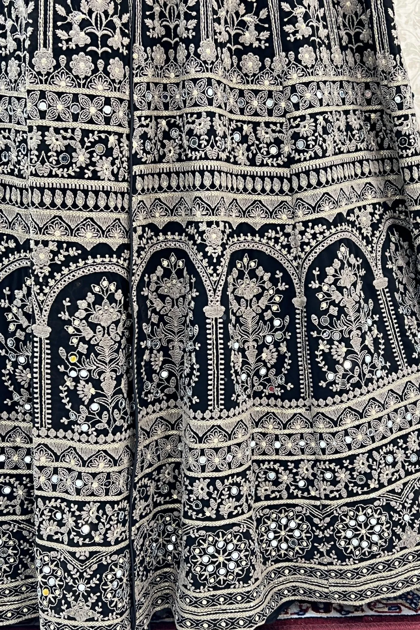 Black Chickankari, Mirror and Sequins work Mastani Styled Long Top Lehenga