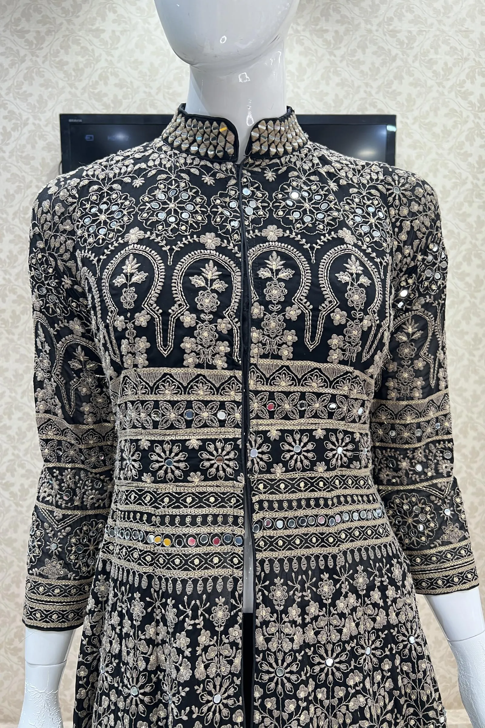 Black Chickankari, Mirror and Sequins work Mastani Styled Long Top Lehenga