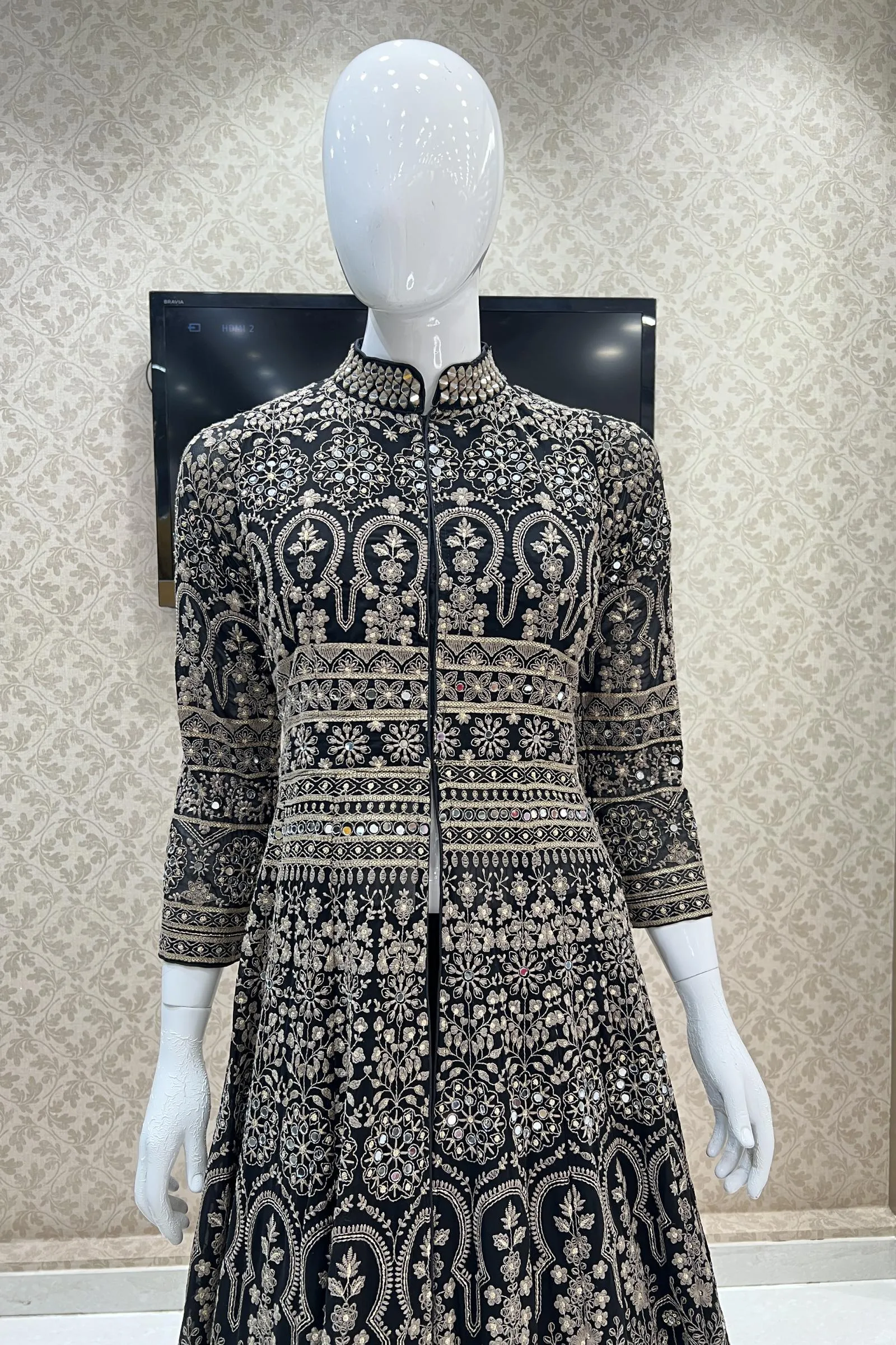 Black Chickankari, Mirror and Sequins work Mastani Styled Long Top Lehenga