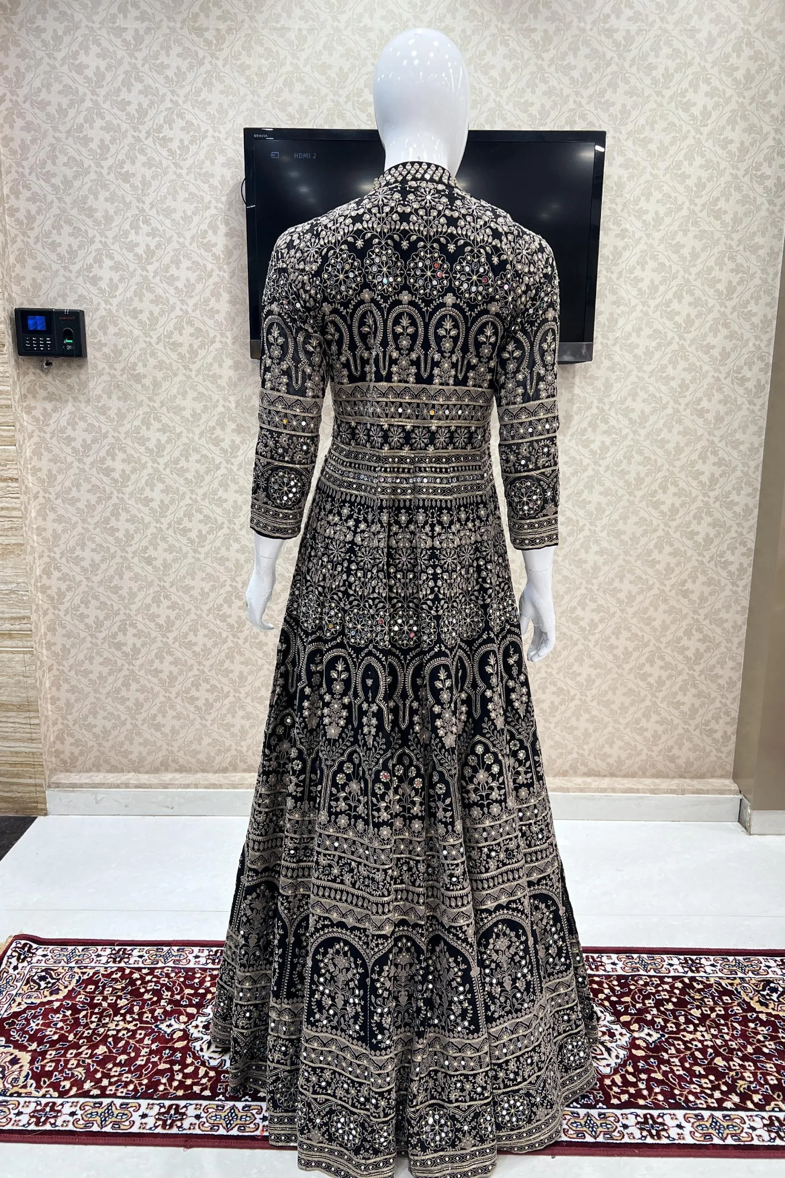Black Chickankari, Mirror and Sequins work Mastani Styled Long Top Lehenga