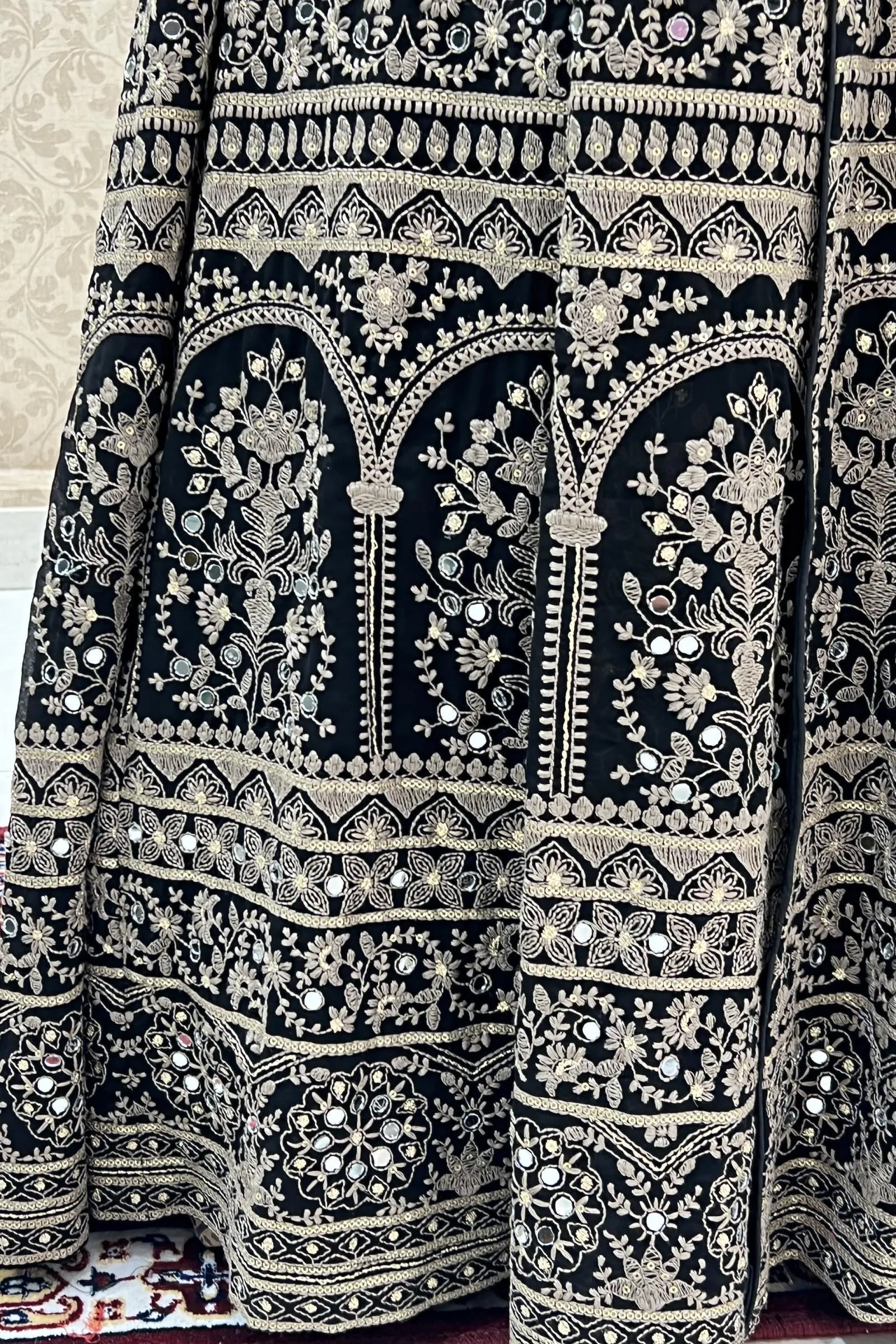 Black Chickankari, Mirror and Sequins work Mastani Styled Long Top Lehenga