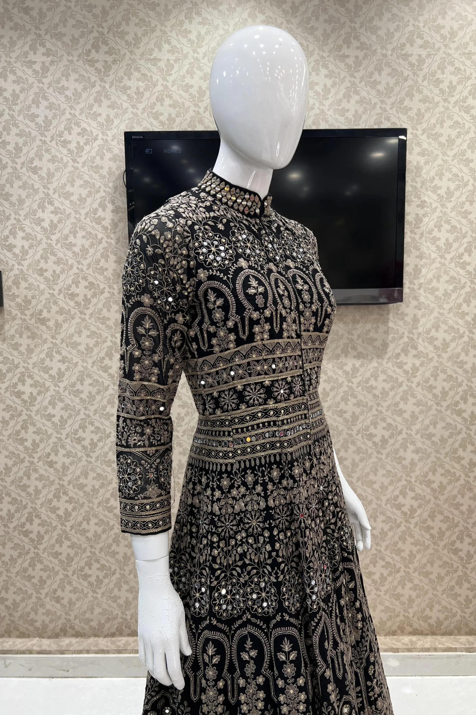 Black Chickankari, Mirror and Sequins work Mastani Styled Long Top Lehenga