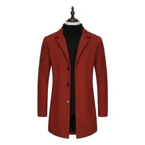 Casual Long Sleeve Woolen Outerwear Mens Vintage Solid Color Turndown Collar Mid Jacket Coat Men Winter Outdoor Overcoats