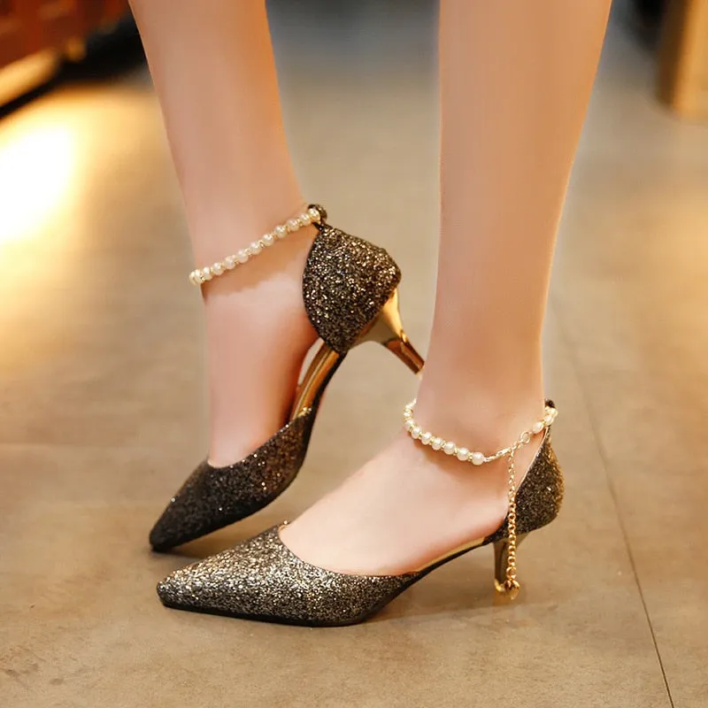 Comemore 2022 Trend Pointed Toe Wedding Bride High Heels Shoes Female Low Small Heel Sandals Party Mules Gold Silver Women Pumps