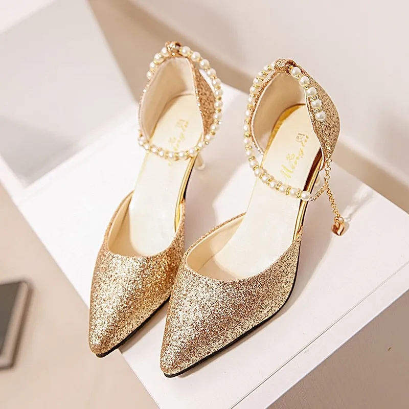 Comemore 2022 Trend Pointed Toe Wedding Bride High Heels Shoes Female Low Small Heel Sandals Party Mules Gold Silver Women Pumps