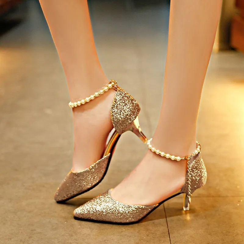 Comemore 2022 Trend Pointed Toe Wedding Bride High Heels Shoes Female Low Small Heel Sandals Party Mules Gold Silver Women Pumps
