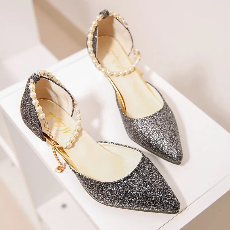 Comemore 2022 Trend Pointed Toe Wedding Bride High Heels Shoes Female Low Small Heel Sandals Party Mules Gold Silver Women Pumps