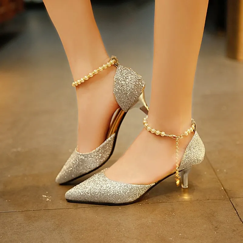 Comemore 2022 Trend Pointed Toe Wedding Bride High Heels Shoes Female Low Small Heel Sandals Party Mules Gold Silver Women Pumps