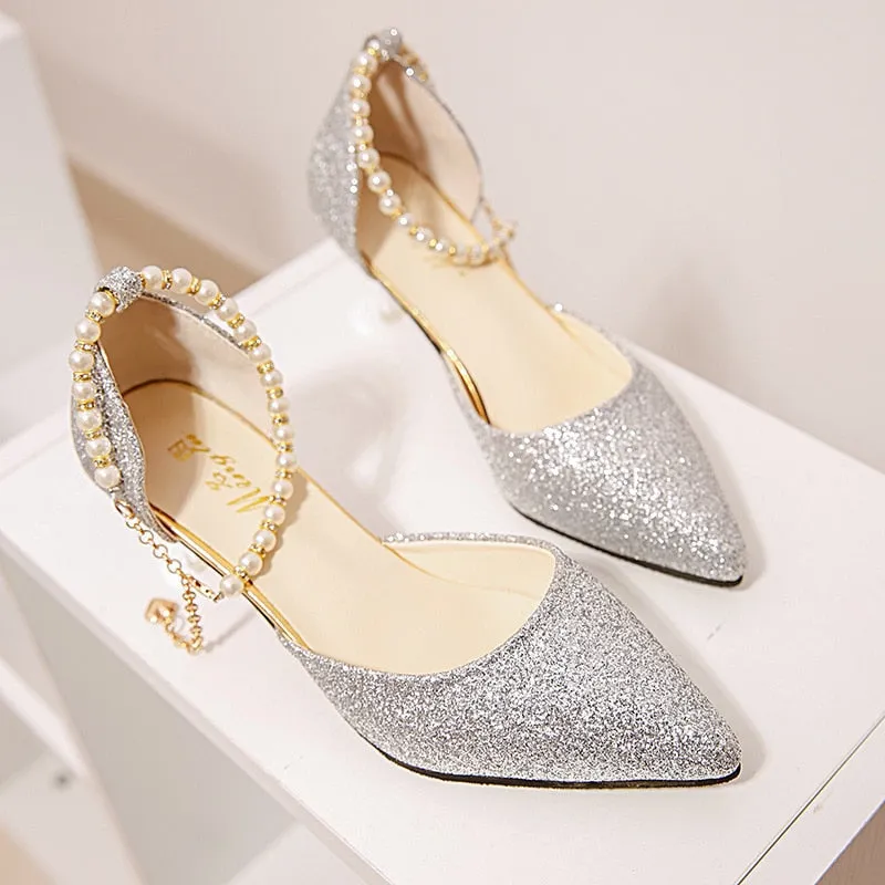 Comemore 2022 Trend Pointed Toe Wedding Bride High Heels Shoes Female Low Small Heel Sandals Party Mules Gold Silver Women Pumps