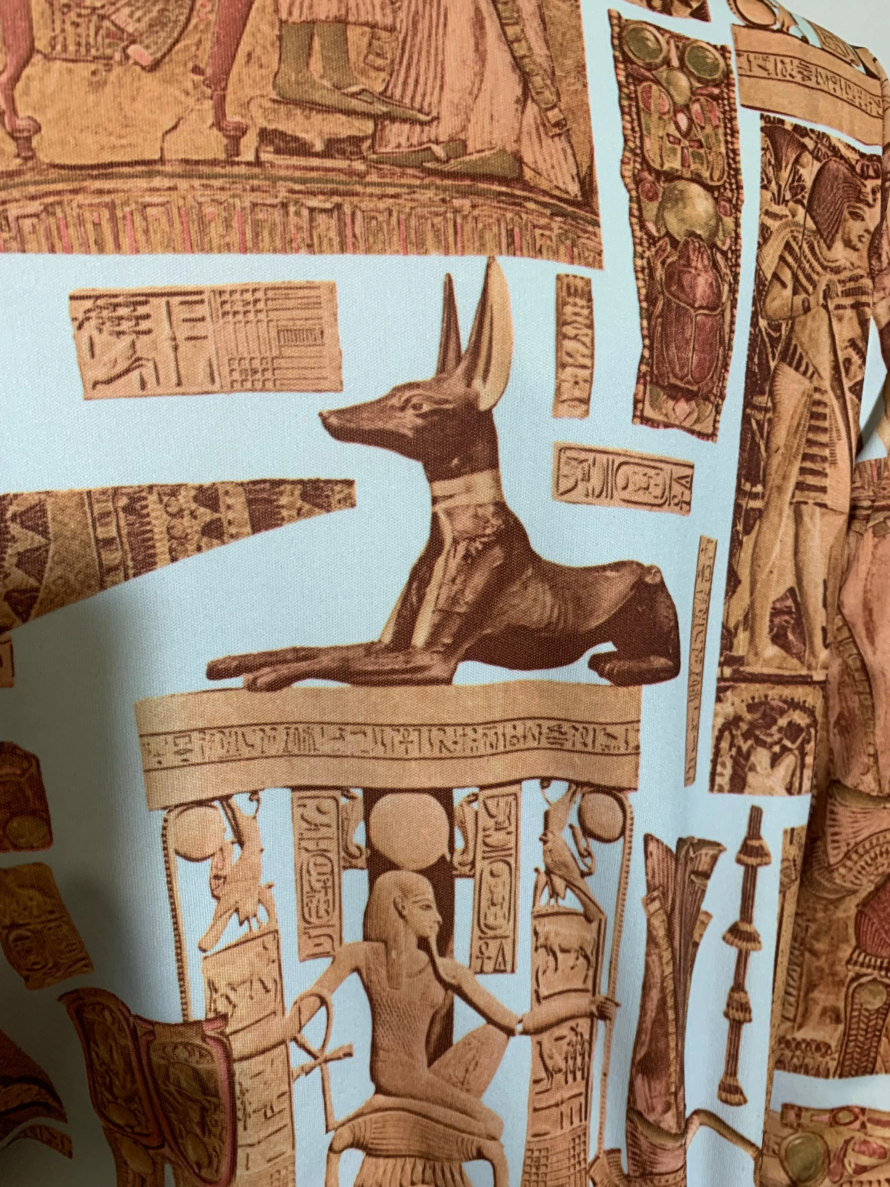 Egyptian Novelty Print Jersey Button Up Blouse circa 1970s