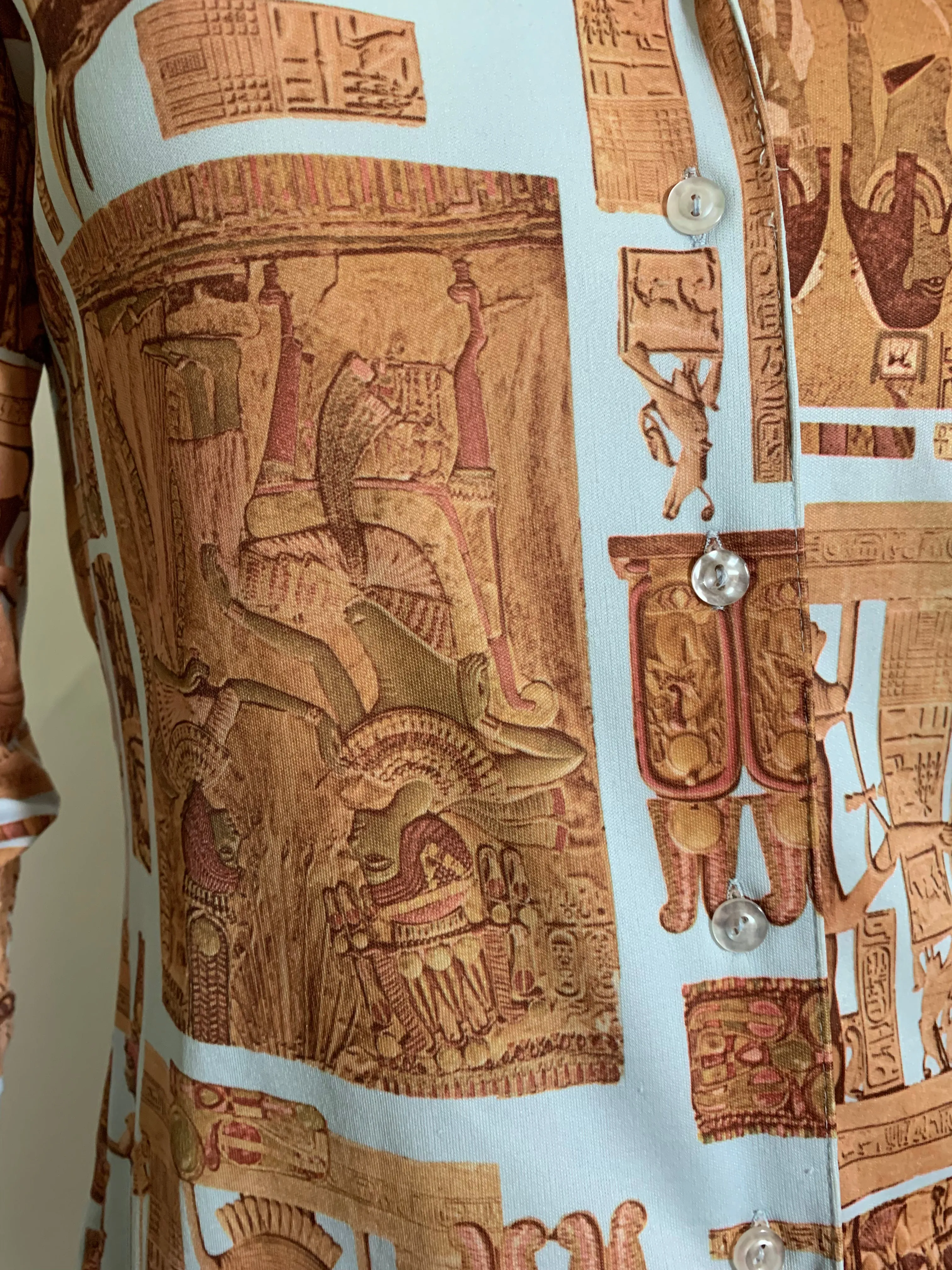 Egyptian Novelty Print Jersey Button Up Blouse circa 1970s