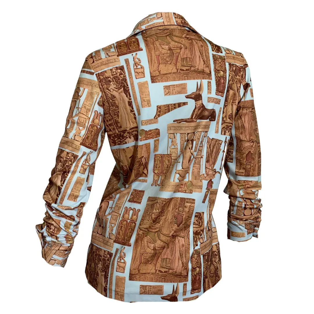 Egyptian Novelty Print Jersey Button Up Blouse circa 1970s