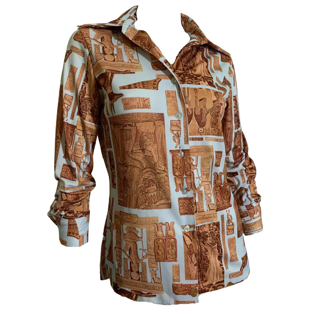 Egyptian Novelty Print Jersey Button Up Blouse circa 1970s