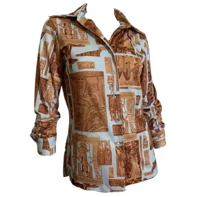 Egyptian Novelty Print Jersey Button Up Blouse circa 1970s
