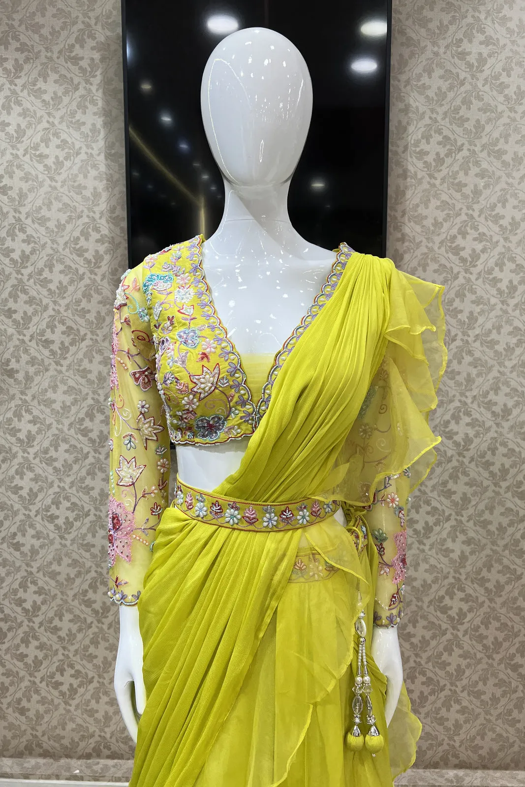 Fluorescent Yellow Multicolor Thread and Sequins work Drape Style Crop Top Lehenga