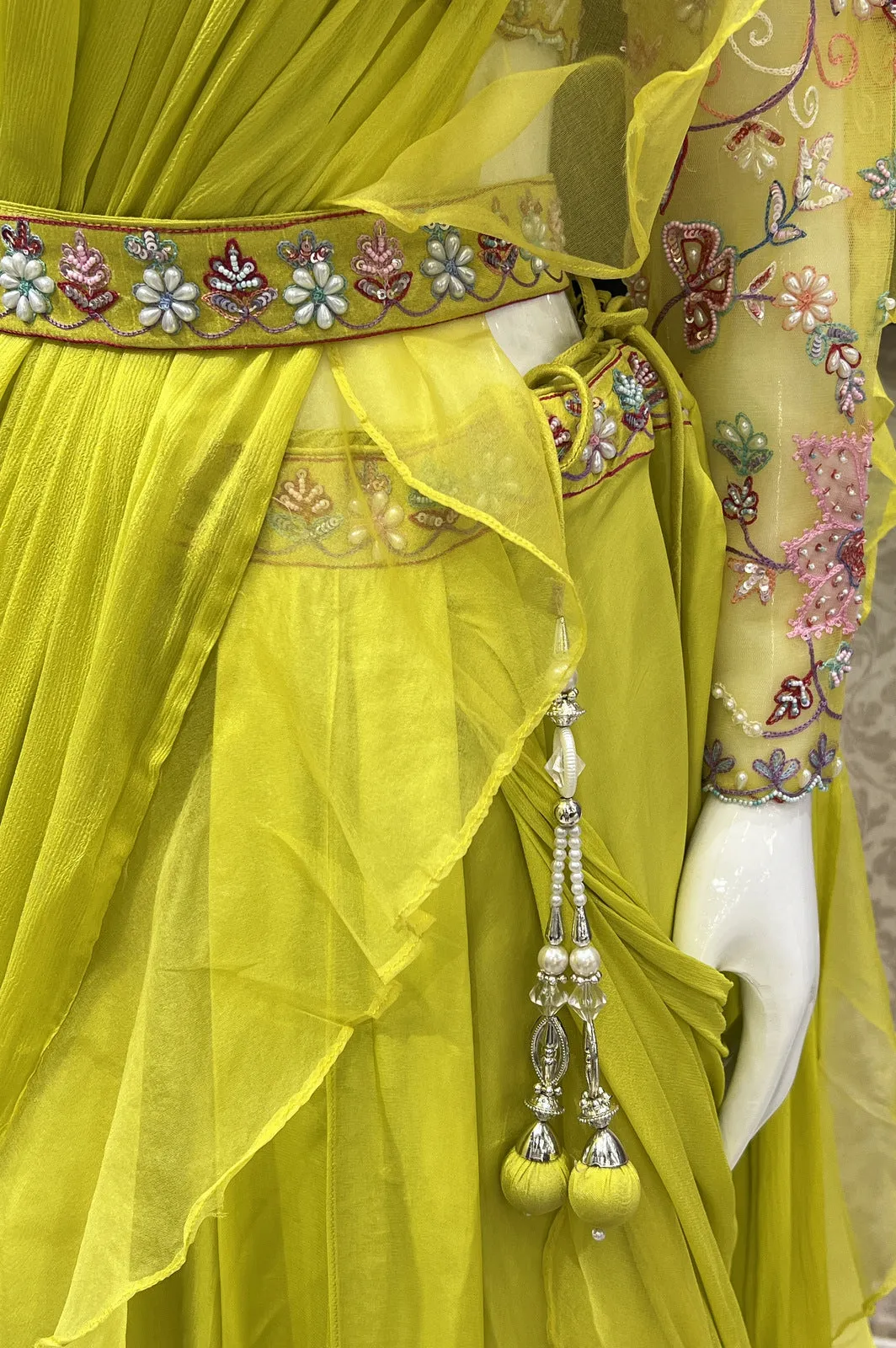 Fluorescent Yellow Multicolor Thread and Sequins work Drape Style Crop Top Lehenga