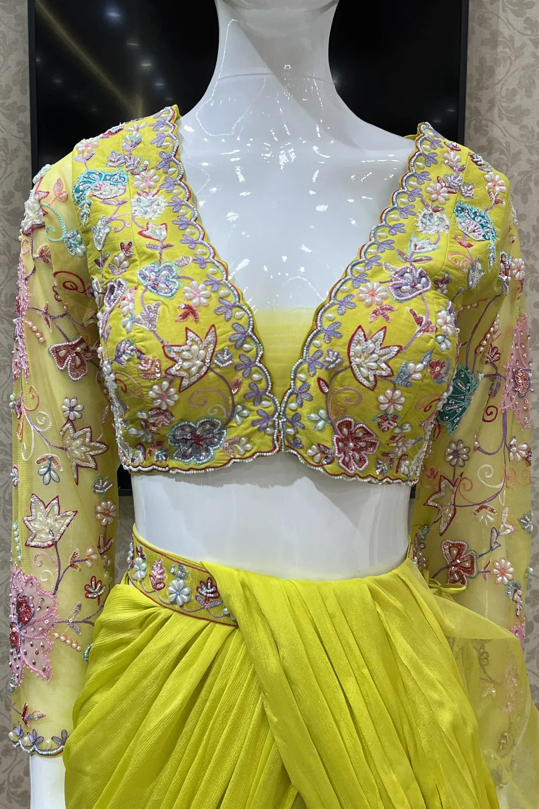 Fluorescent Yellow Multicolor Thread and Sequins work Drape Style Crop Top Lehenga