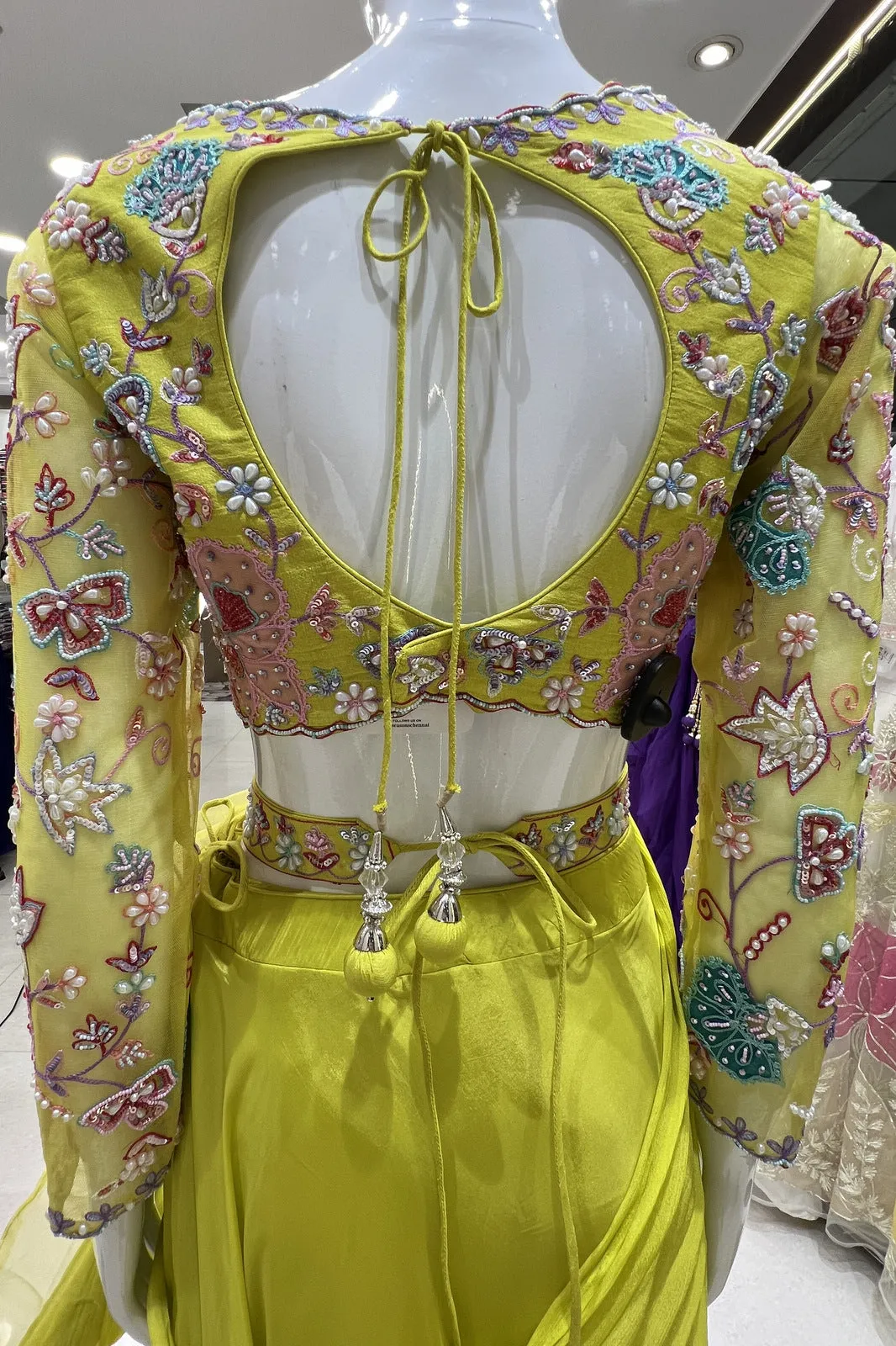Fluorescent Yellow Multicolor Thread and Sequins work Drape Style Crop Top Lehenga