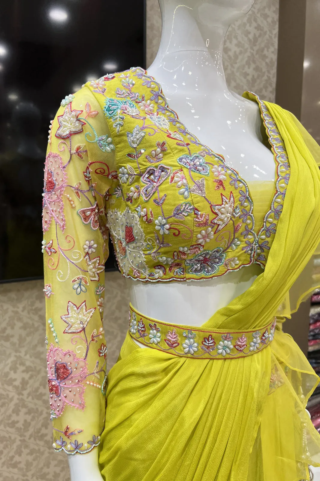 Fluorescent Yellow Multicolor Thread and Sequins work Drape Style Crop Top Lehenga