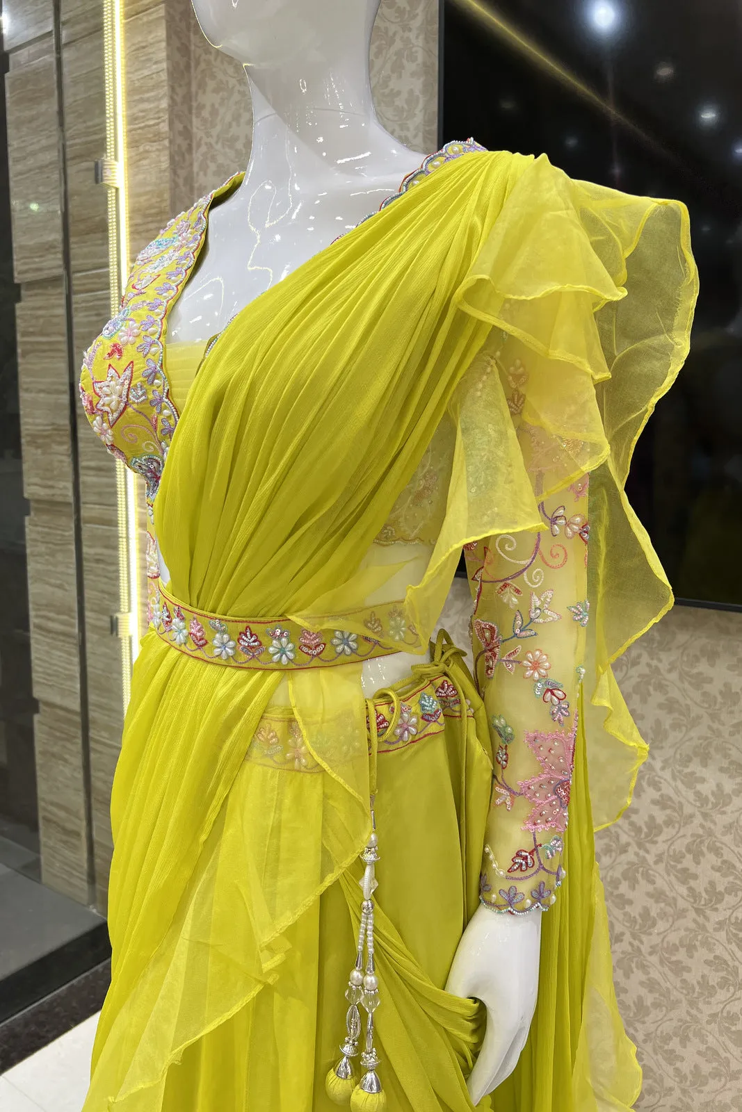 Fluorescent Yellow Multicolor Thread and Sequins work Drape Style Crop Top Lehenga