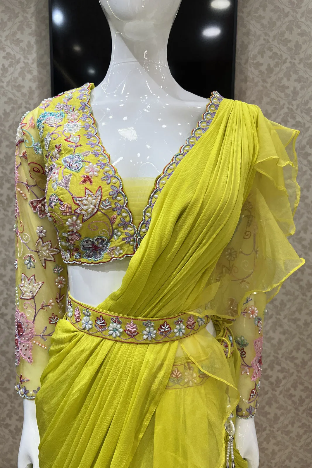 Fluorescent Yellow Multicolor Thread and Sequins work Drape Style Crop Top Lehenga