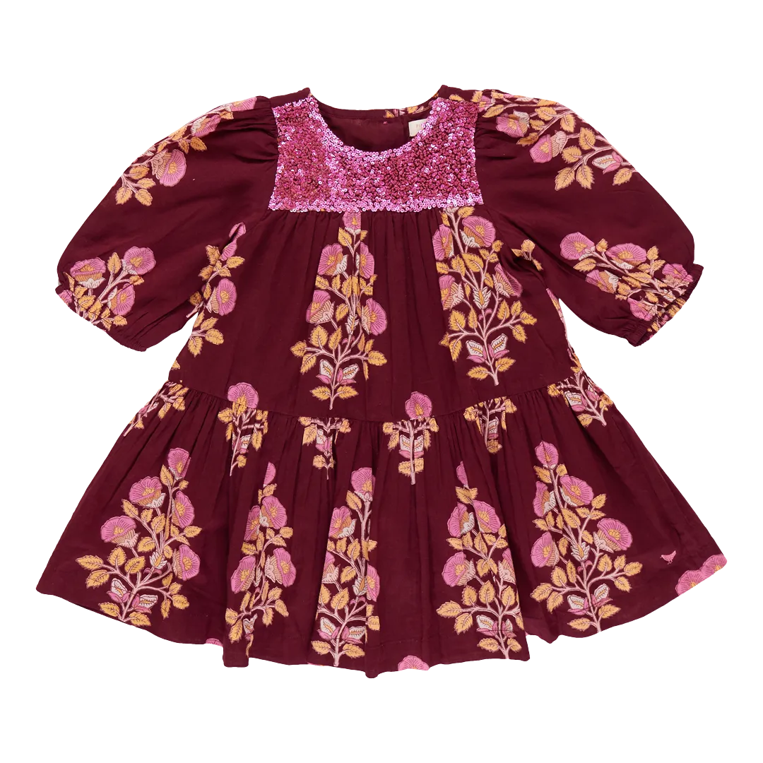Girls Fiona Dress - Burgundy Bouquet Floral