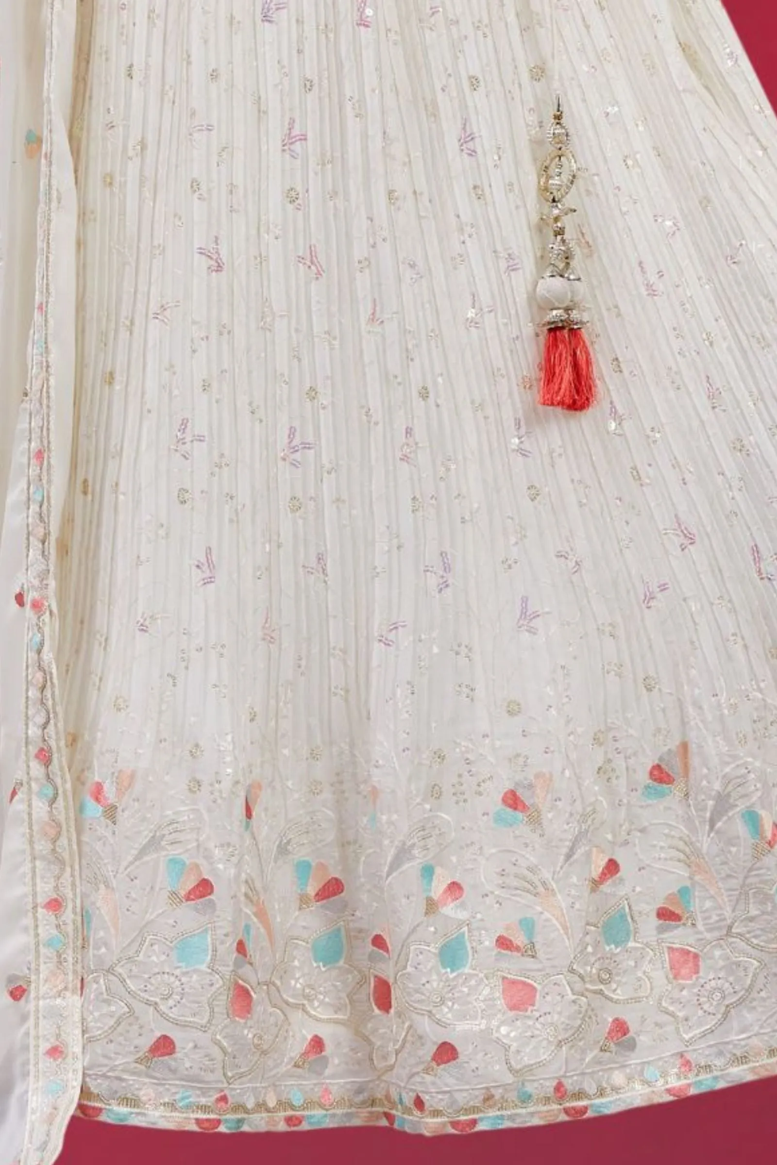 Half White Multicolor Thread, Sequins, Stone, Mirror and Beads work Crop Top Lehenga