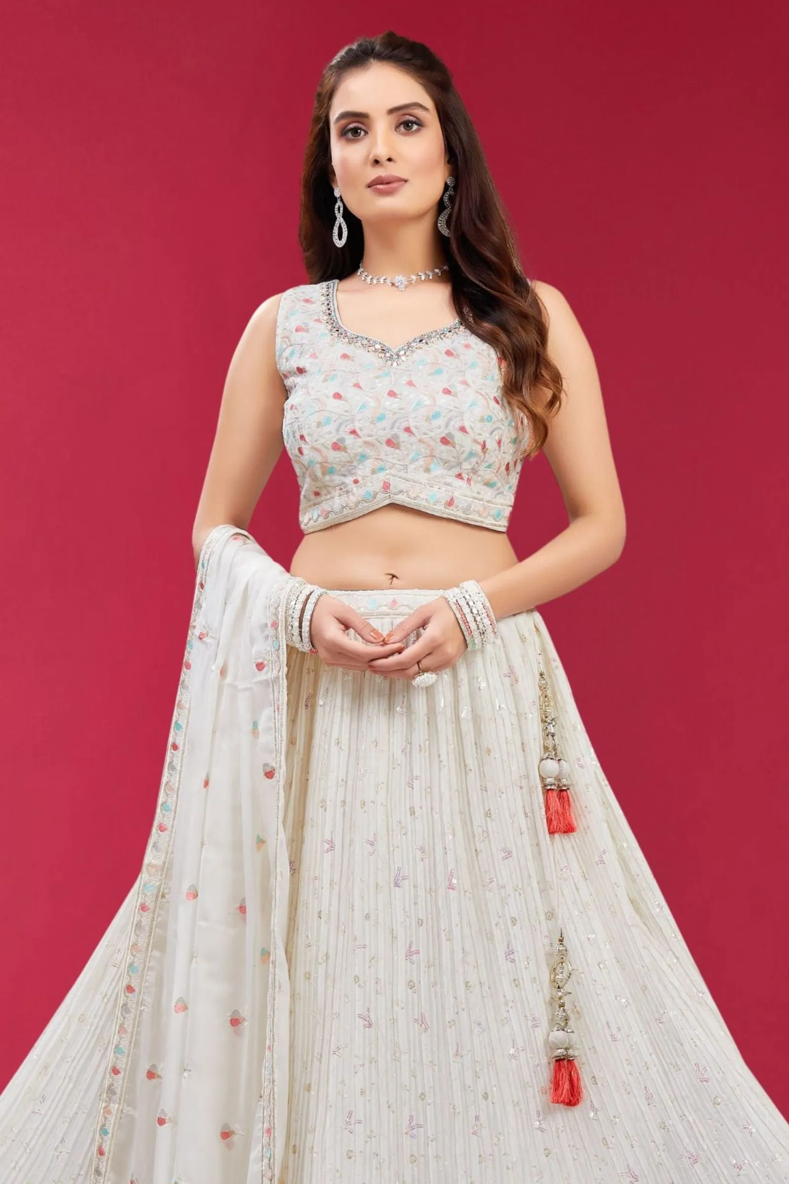 Half White Multicolor Thread, Sequins, Stone, Mirror and Beads work Crop Top Lehenga