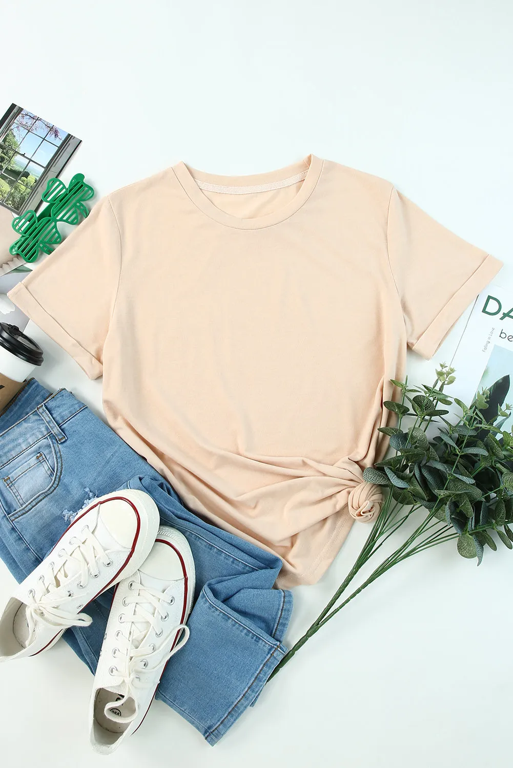 Khaki Solid Color Crew Neck Tee