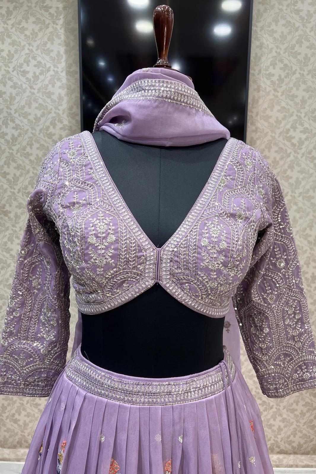 Lavender Embroidery, Zari and Sequins work Crop Top Lehenga