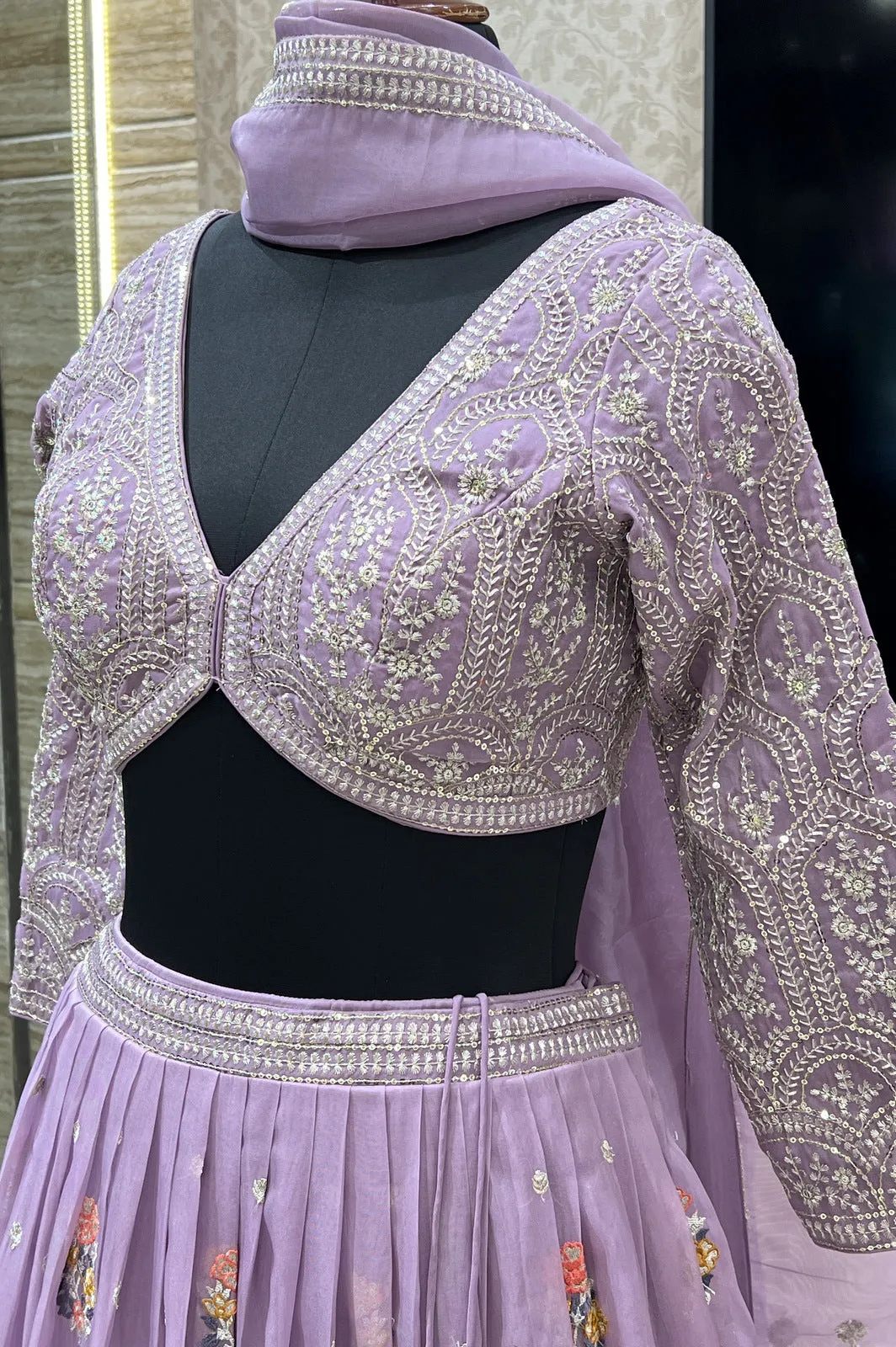 Lavender Embroidery, Zari and Sequins work Crop Top Lehenga