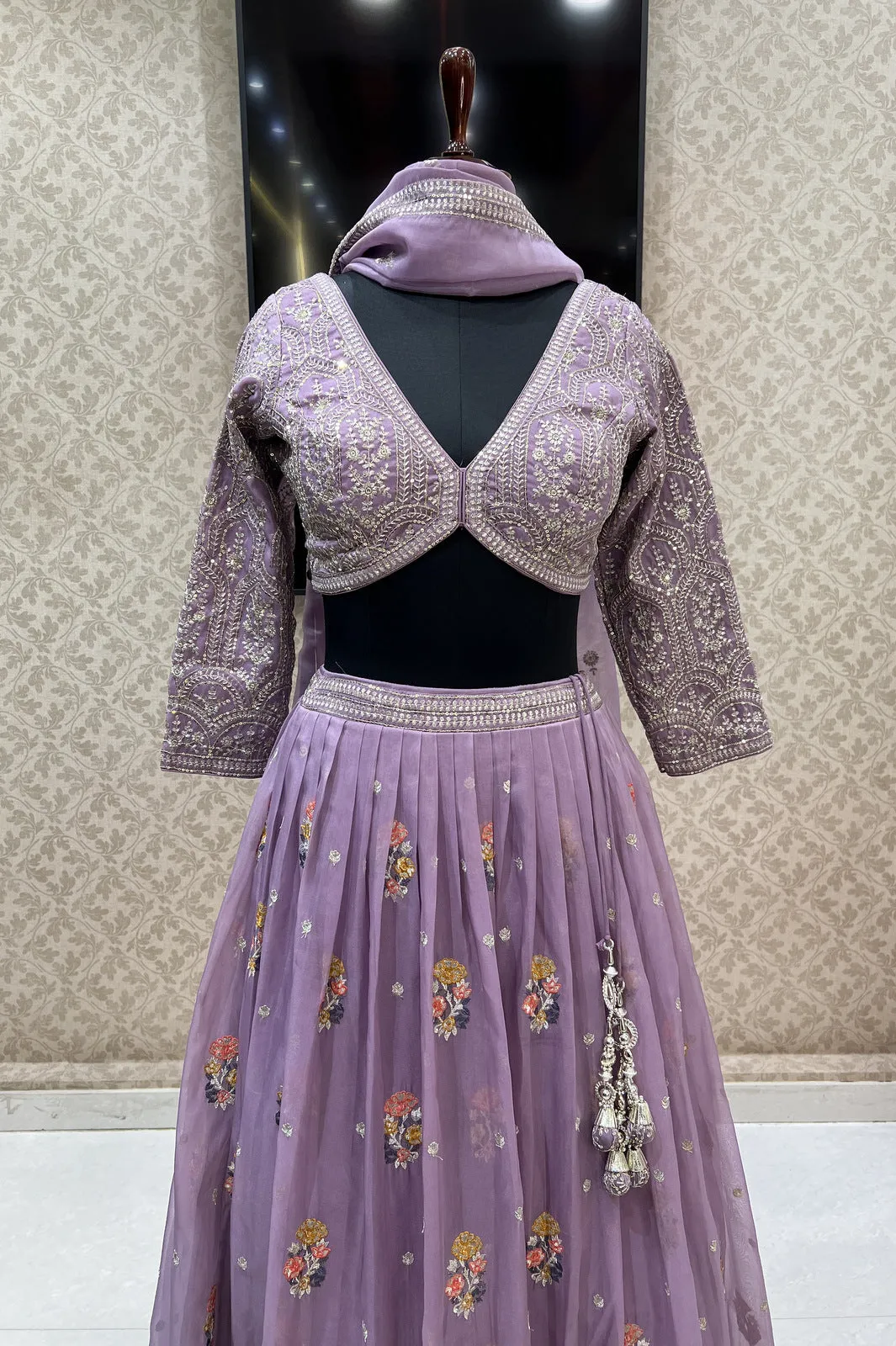 Lavender Embroidery, Zari and Sequins work Crop Top Lehenga