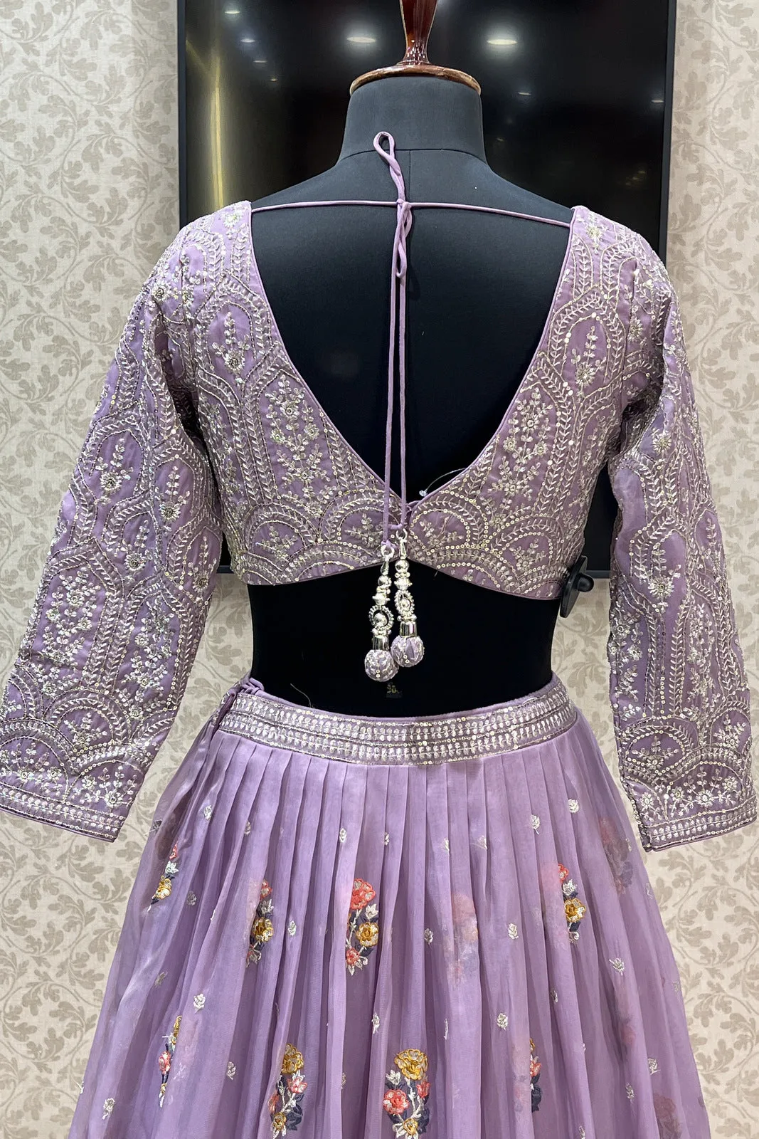 Lavender Embroidery, Zari and Sequins work Crop Top Lehenga