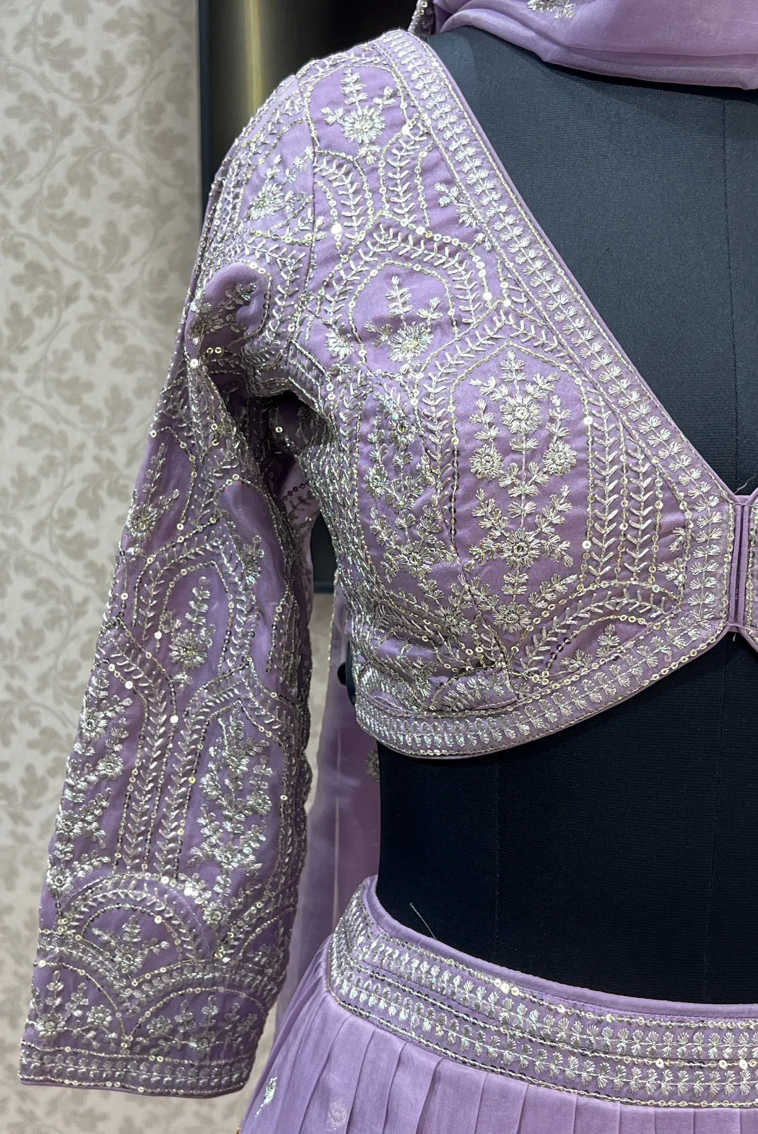 Lavender Embroidery, Zari and Sequins work Crop Top Lehenga
