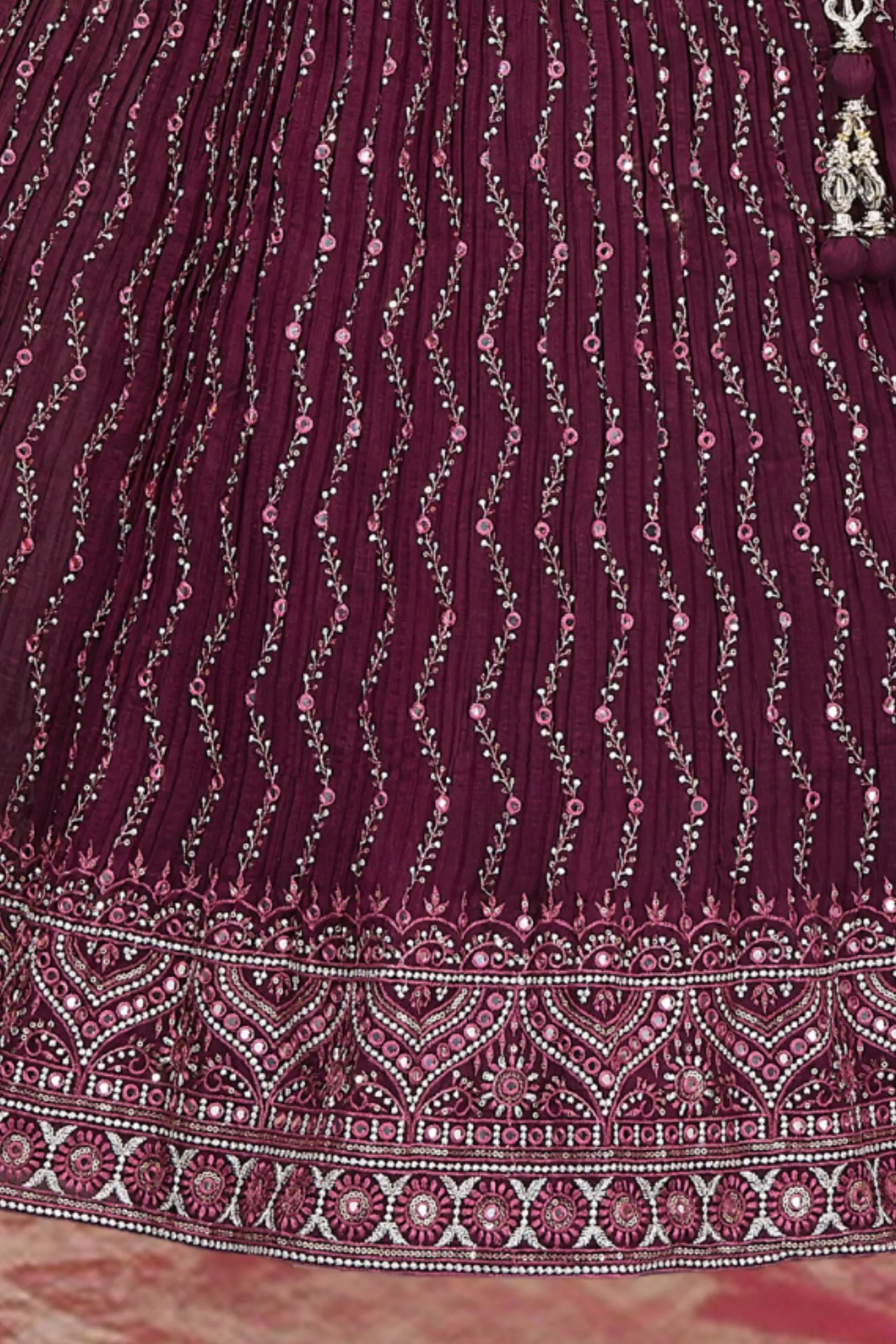 Maroon Zari, Sequins and Thread work Crop Top Lehenga