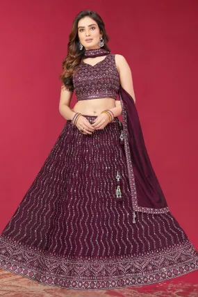 Maroon Zari, Sequins and Thread work Crop Top Lehenga