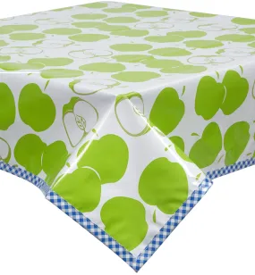 Mod Apple Green Oilcloth Tablecloth with Blue Gingham Trim