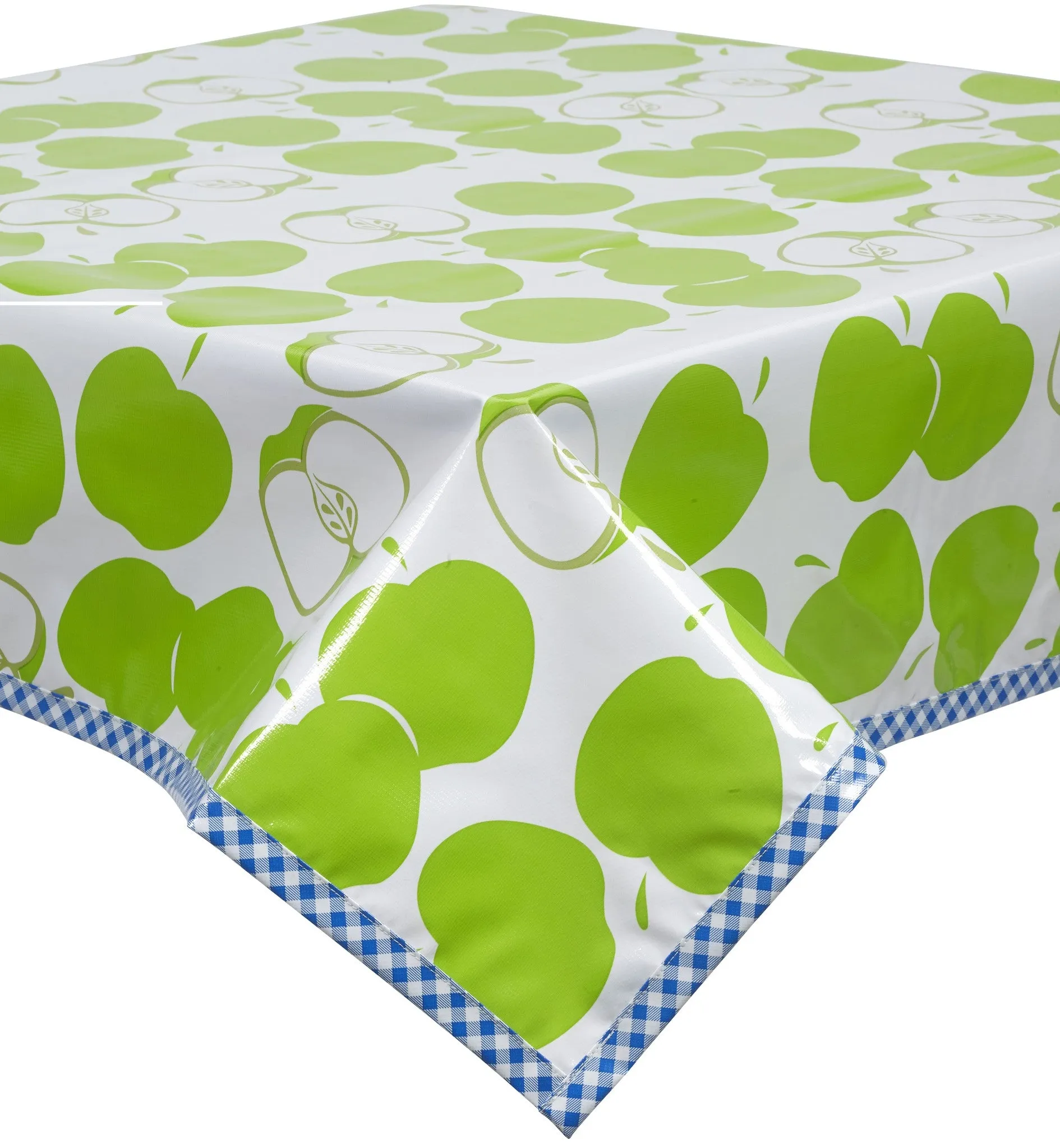 Mod Apple Green Oilcloth Tablecloth with Blue Gingham Trim