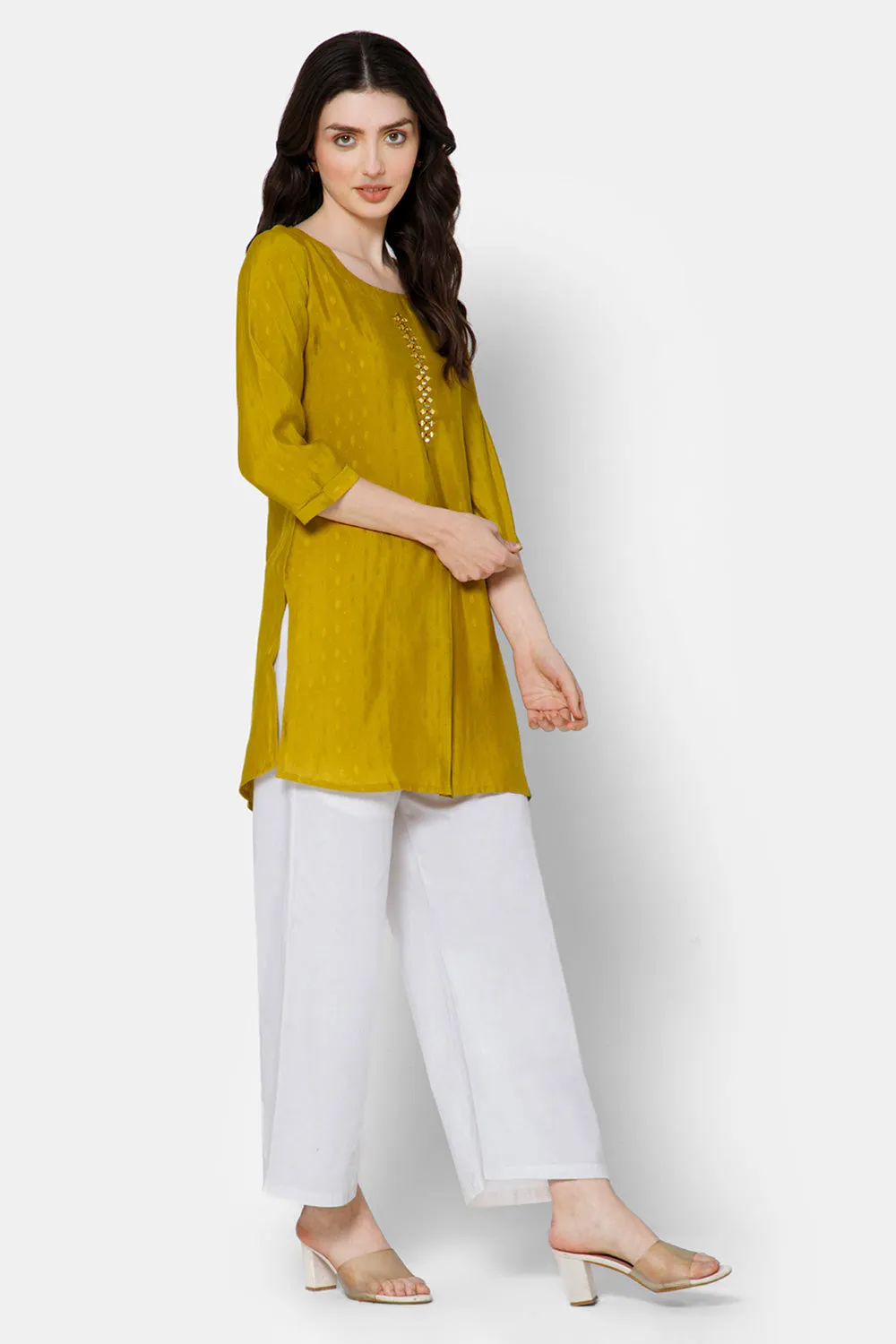 Mythri Women's Casual Tops with Mirror Work At The Center Front  - Yellow - E024