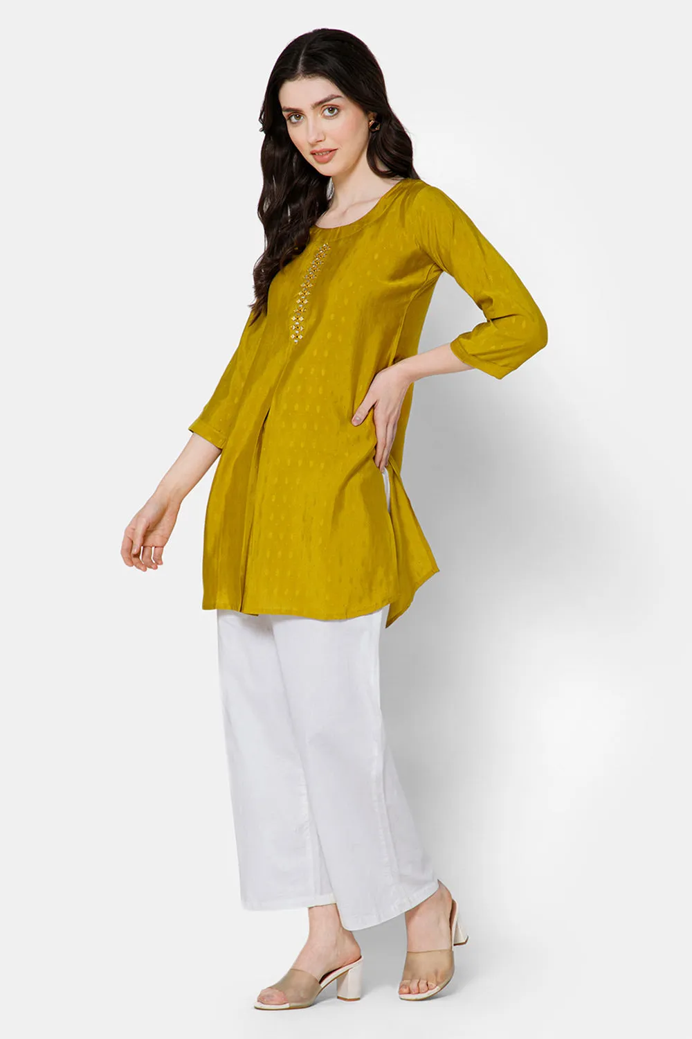 Mythri Women's Casual Tops with Mirror Work At The Center Front  - Yellow - E024