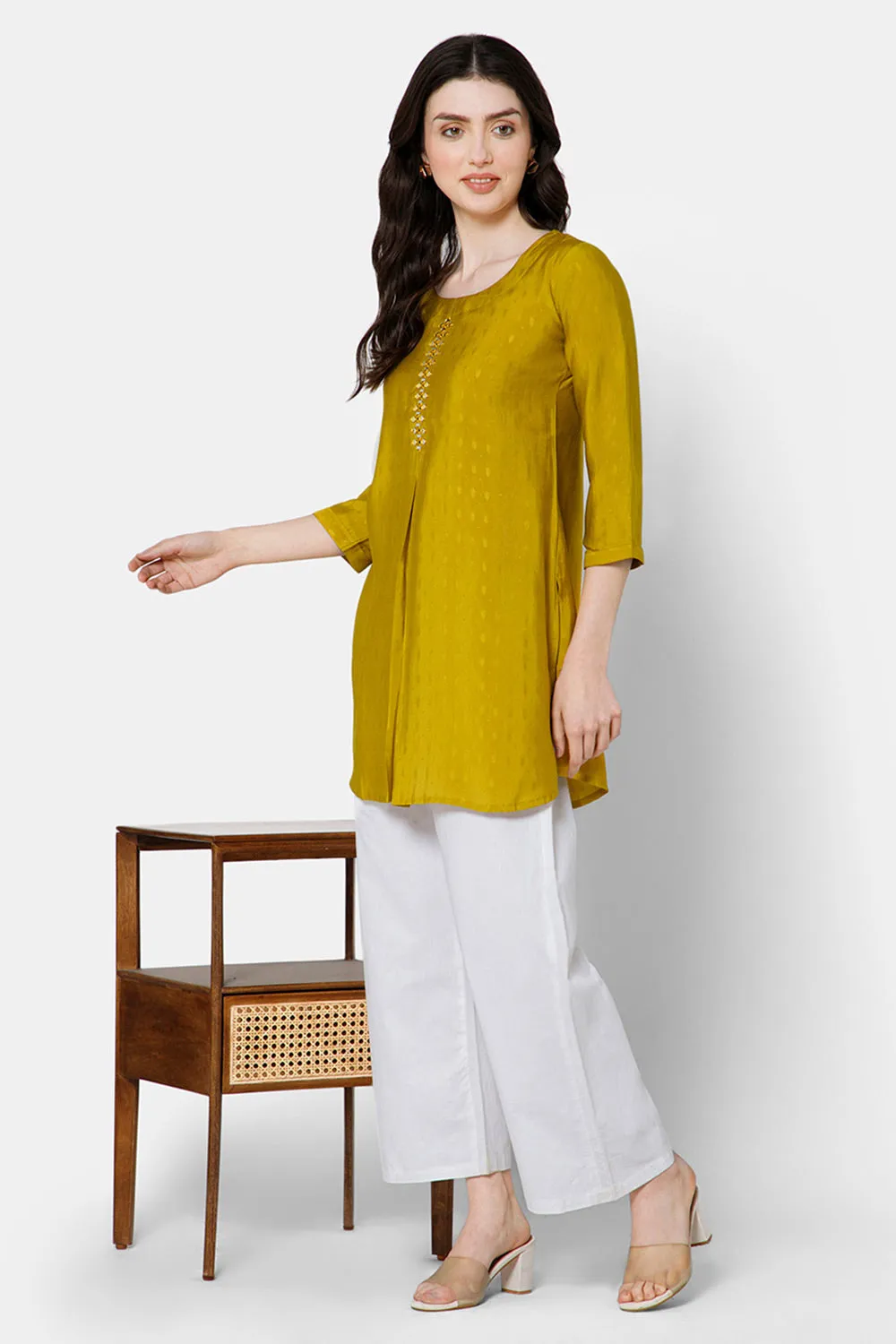 Mythri Women's Casual Tops with Mirror Work At The Center Front  - Yellow - E024