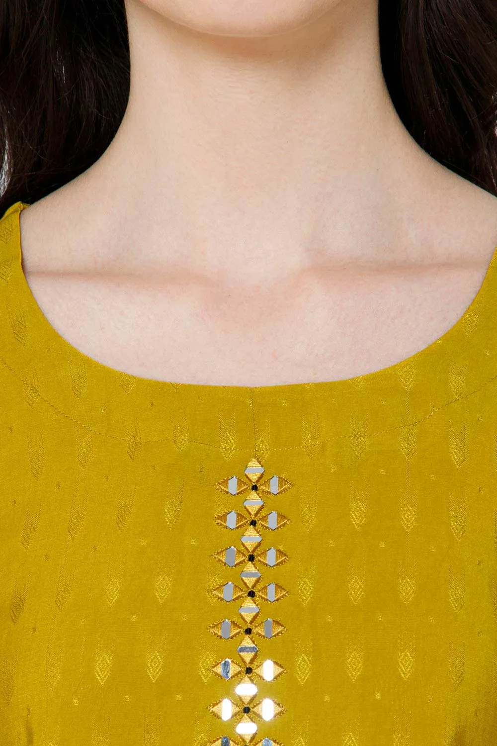 Mythri Women's Casual Tops with Mirror Work At The Center Front  - Yellow - E024